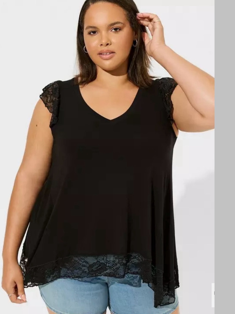 Torrid Super Soft Knit Black Lace Trim V-Neck Flowy Top Size 2X